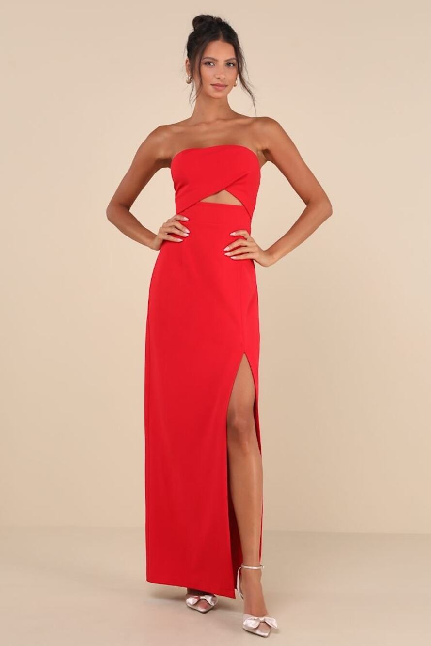 Lulus NWT Extra Small Extravagant Persona Red Strapless Cutout Column Maxi Dress